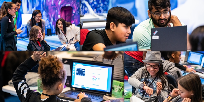 collage of photos of students working on computers